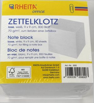 RHEITA Zettelklotz weiß, Format: 9 x 9 cm, 800 Blatt, 70g/m², FSC, lose