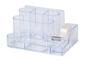 RHEITA Schreibtischorganizer mit Klebefilmabroller, transparent, inkl. 1 Rolle Klebefilm 19 mm x 33 m