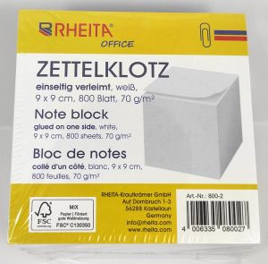 Zettelklotz einseitig verleimt, weiß, Format: 9 x 9 cm, 800 Blatt, 70g/m², FSC