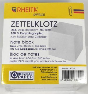Zettelklotz lose, 100 % Recyclingpapier, weiß, Format: 8,5 x 8,5 cm, 850 Blatt, 70g/m²