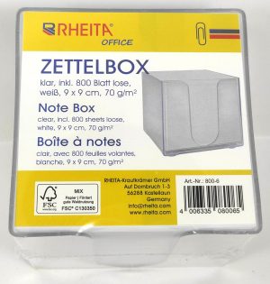 Zettelbox klar, inkl. 800 Blatt lose,weiß, Format: 9 x 9 cm, 70 g/m², FSC