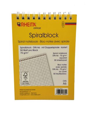 RHEITA 2er Pack Doppel-Spiralblöcke A6 kariert, FSC Papier, perforiert , 50 Blatt pro Block, 70g/m²,