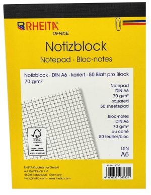 RHEITA 4er Pack Notizblöcke A6 kariert, FSC Papier, perforiert, 50 Blatt pro Block, 70g/m²