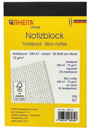 RHEITA 4er Pack Notizblöcke A7 kariert, FSC Papier, perforiert, 50 Blatt pro Block, 70g/m²