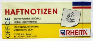 RHEITA Haftnotizen, gelb, 50 x 40 mm, 100 Blatt, 3 x 100 Blatt foliert