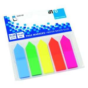 Folien Pagemarker "Pfeile", Blattgröße: 12 x 44 mm, 5 Folienblöcke mit je 25 Blatt farblich sortiert (blau, grün, gelb, orange, pink) auf Kunststoffkarte mit praktischem Clip