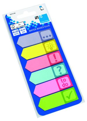 Papier-Pagemarker, 6 Blöcke ,mit je 25 Blatt auf bedruckter Pappkarte, Blattgröße 18 x 55 mm, vollflächig bedrucktes Papier (violett, gelb, rot, blau, grün, pink), verschiedene Symbole