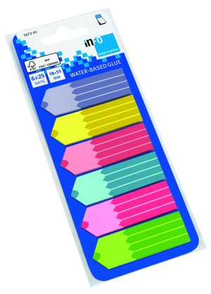 Papier-Pagemarker, 6 Blöcke, mit je 25 Blatt, auf bedruckter Pappkarte, Blattgröße 18 x 55 mm, vollflächig bedrucktes Papier (violett, gelb, rot, blau, pink, grün), Motiv: Buntstifte