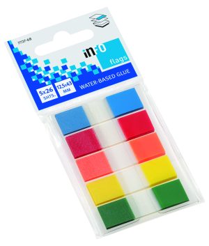 5 PET Flags, Blattgröße:  12,5 x 43 mm, auf Kunststoffkarte mit Clip, transparent mit Farbrand( in blau, rot, orange, gelb, grün) 26 Blatt pro Farbe und Block