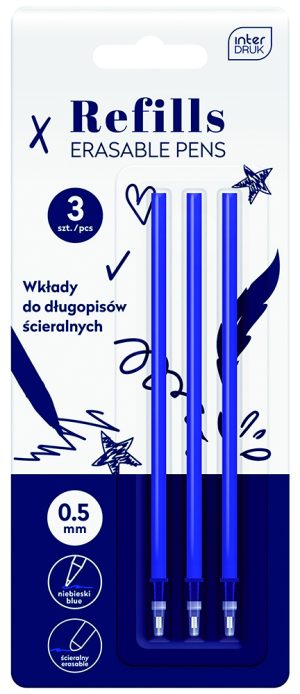 Interdruk 3 Ersatzminen für radierbaren Tintenroller 0,5 mm, Farbe: blau auf Blisterkarte