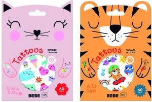 Interdruk Tatoosticker BEBE Friends "Lovely Kitty"und "Wild Tiger", für Kinder je 60 Tatoos in verschiedenen Motiven, dermatologisch getestet, in attraktiver Mappe mit Eurolochung