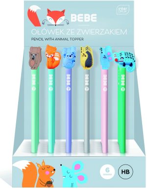 Interdruk Bleistifte"BEBE Kids", HB, mit Aufsatz in Tierform, 6 verschiedene Motive, 36 Stück im Display