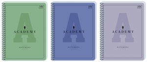 Interdruk Spiralblock DIN A5 "Academy" 100 Blatt (200 Seiten) kariert, 90g/m²,  Softtouch-Oberfläche, 3 Farben sortiert