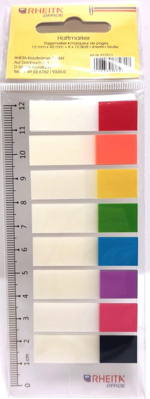 Kunststoff Index-Streifen auf Lineal, 8 verschiedene Farbspitzen, transparentes Beschriftungsfeld, 12 x 45 mm, 8 x 15 Blatt, im Polybeutel
