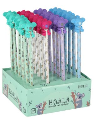 Gataric Bleistift mit Radiergummi"Koala", Radierer im Koala-Design, Härtegrad HB, Strichbreite 2,2 mm, 24 Stück im Display