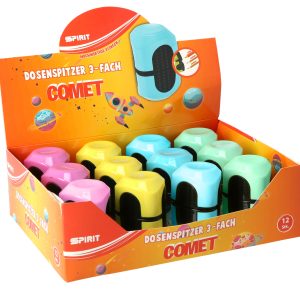Gataric 3-Loch-Spitzer "Comet", Spitzer für 2 normale + 1 Jumbo-Bleistift, Dreikant, Maße ca. 45 x 45 x65 mm, 4 verschiedene Farben, 12 Stück im Display